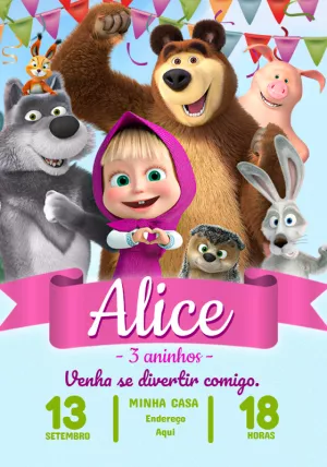 Convite de Aniversário Masha e o Urso para Editar Online