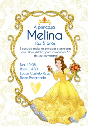 Convite Aniversário Princesa Bela e a Fera para Editar Online