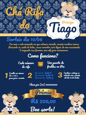Chá Rifa Ursinho Príncipe Azul e Dourado para Editar