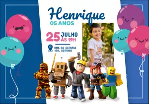 Convite de Aniversário Roblox com Foto para Editar Online
