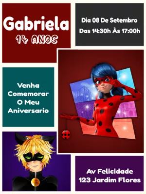 Convite Aniversário Ladybug e Cat Noir para Editar Online