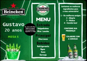 Menu de Aniversário Tema Cerveja Heineken para Editar Online