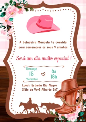 Convite Aniversário Boiadeira Country para Editar Online