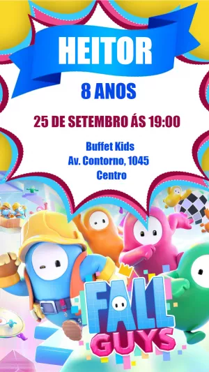 Convite de Aniversário Fall Guys com Personagens para Editar