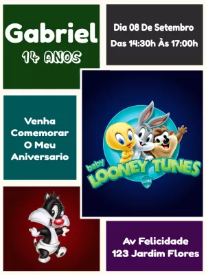 Convite de Aniversário Baby Looney Tunes para Editar Online