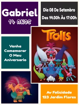 Convite de Aniversário Trolls para Editar Online