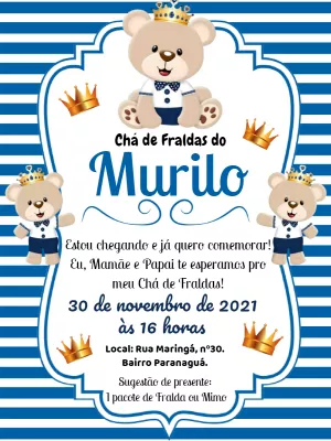 Convite Chá de Bebê Ursinho Príncipe para Editar Online