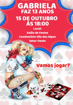 Convite de Aniversário Arlequina para Editar Online
