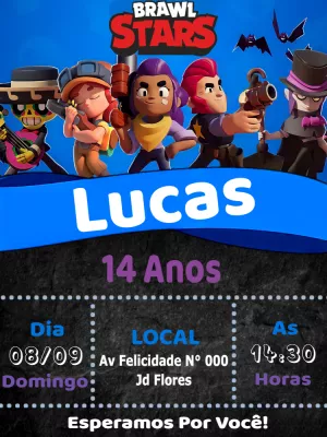Convite Aniversário Brawl Stars com Personagens para Editar