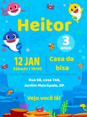 Convite de Aniversário Baby Shark com Personagens para Editar