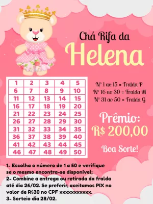 Convite Chá Rifa Ursinha Princesa para Editar Online
