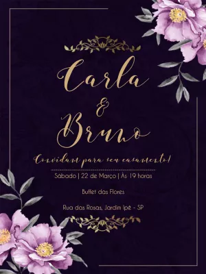 Convite de Casamento Floral Roxo e Dourado para Editar Online