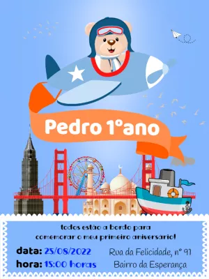 Convite Aniversário Ursinho Aviador para Editar Online