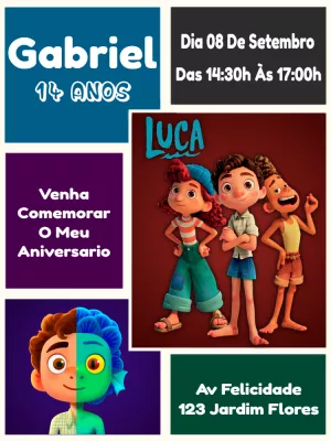 Convite de Aniversário Luca com Personagens para Editar Online