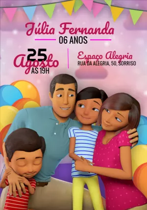 Convite Aniversário Família Desenho 3D para Editar Online