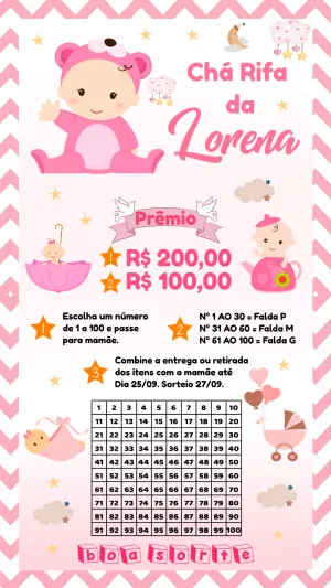 Convite Chá Rifa de Bebê Menina Ursinha para Editar Online