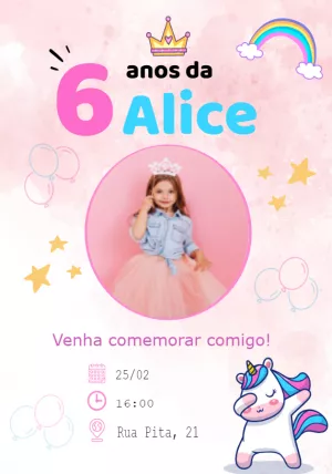 Convite Aniversário Unicórnio com Foto para Editar Online