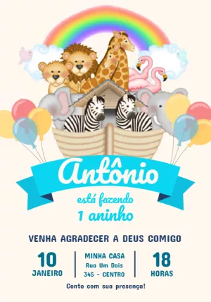 Convite de Aniversário Arca de Noé com Animais para Editar