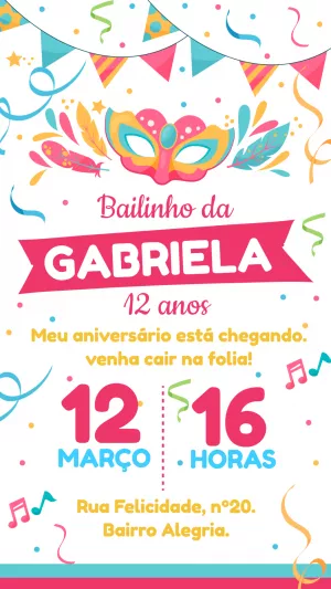 Convite de Aniversário Carnaval com Máscara para Editar Online