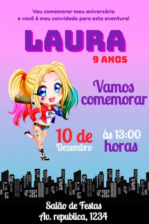 Convite Aniversário Arlequina Editável para Personalizar