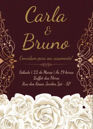 Convite de Casamento Rosas Brancas e Dourado para Editar Online