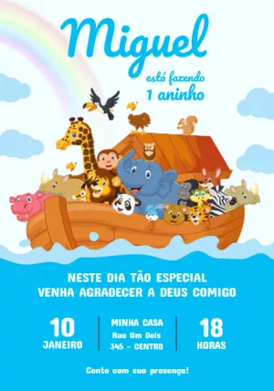 Convite Aniversário Arca de Noé com Animais para Editar Online