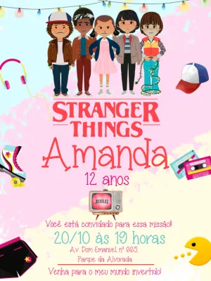 Convite Aniversário Stranger Things com Personagens para Editar