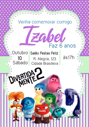 Convite de Aniversário Divertida Mente 2 com Personagens para Editar