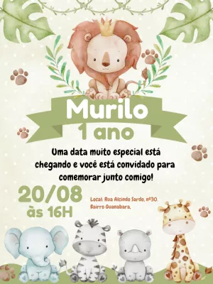 Convite Aniversário Safari com Animais Fofos para Editar Online