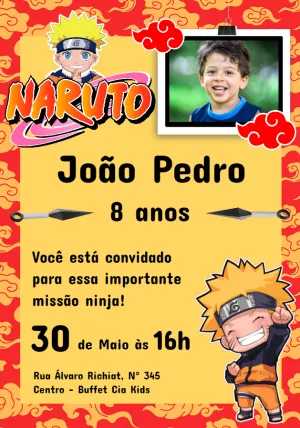 Convite Aniversário Naruto Chibi com Foto para Editar Online