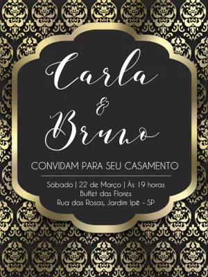 Convite de Casamento Preto e Dourado Arabescos para Editar