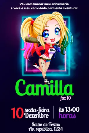 Convite Aniversário Arlequina Chibi para Editar Online