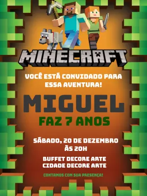 Convite de Aniversário Minecraft com Personagens para Editar Online