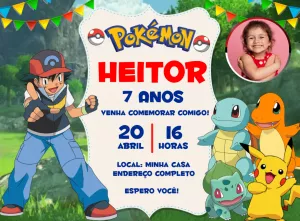 Convite Aniversário Pokémon com Foto para Editar Online