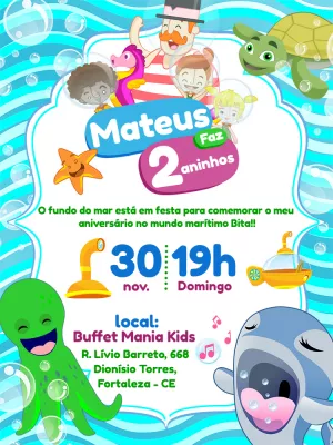 Convite Aniversário Mundo Bita Fundo do Mar para Editar Online