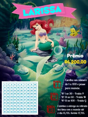 Convite Chá Rifa Pequena Sereia Editável com Ariel para Imprimir