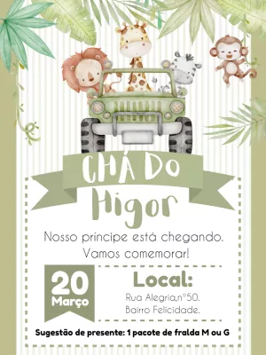 Convite Chá de Bebê Safari com Animais para Editar Online