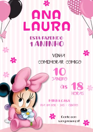 Convite Aniversário Minnie Baby Rosa para Editar Online