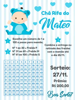 Convite Chá Rifa Bebê Ursinho Azul para Editar Online