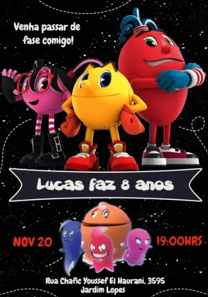 Convite Aniversário Pac-Man com Personagens para Editar Online