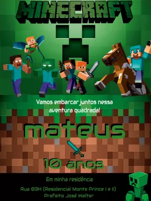 Convite de Aniversário Minecraft com Personagens para Editar