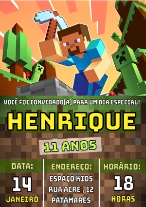 Convite de Aniversário Minecraft com Personagens para Editar