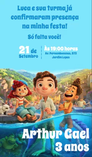 Convite de Aniversário Luca com Personagens para Editar Online