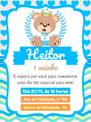 Convite Aniversário Ursinho Príncipe para Editar Online
