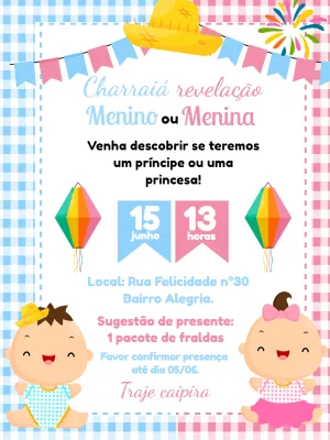 Convite Charraiá Revelação Festa Junina para Editar Online