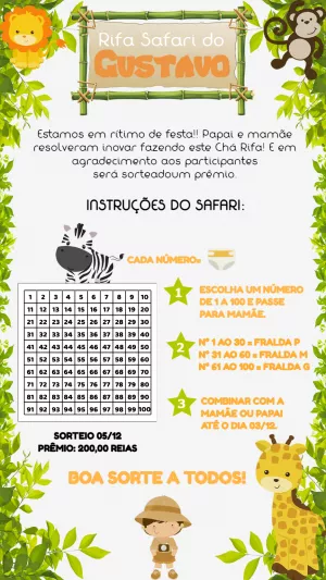 Convite Chá Rifa Safari com Animais para Editar Online