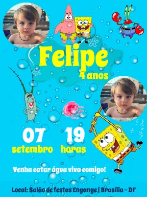 Convite Aniversário Bob Esponja com Foto para Editar Online
