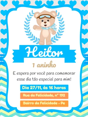 Convite Aniversário Ursinho Aviador para Editar Online