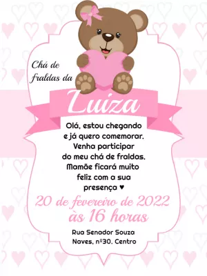 Convite Chá de Fraldas Ursinha Rosa para Editar Online