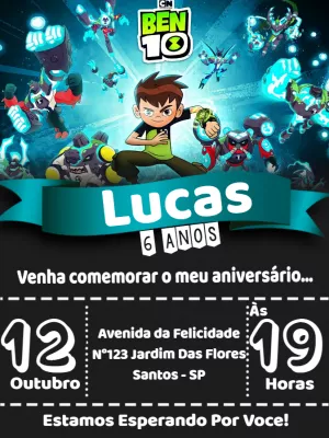 Convite de Aniversário Ben 10 Editável Online com Personagens
